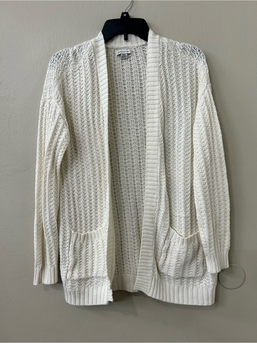 American Eagle Open Front Cardigan Sweater Ivory Sz M Pockets Coastal Cabin